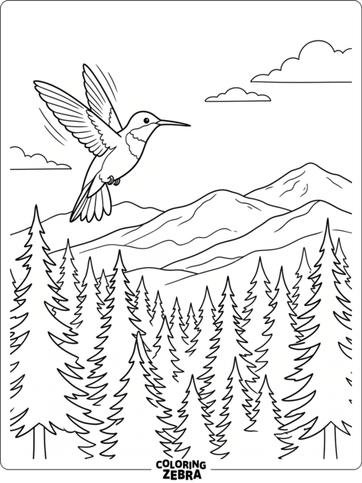 A hummingbird flying over pine trees and mountains