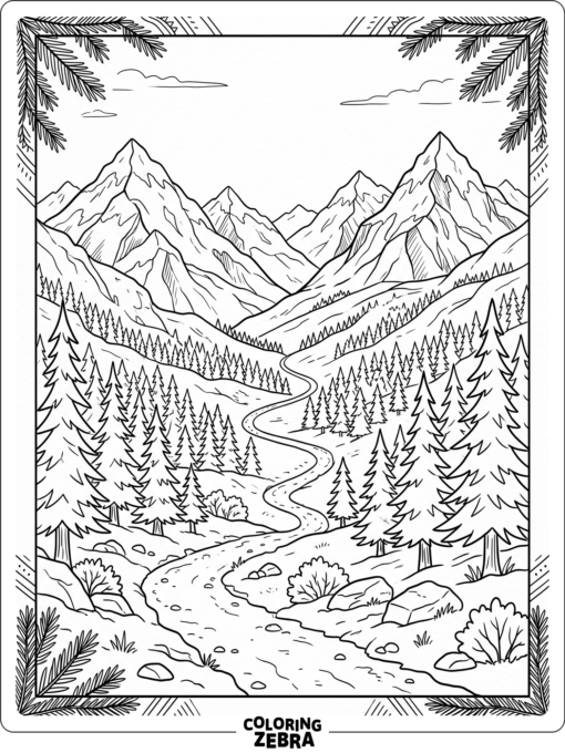 A mountain scene with snowy peaks and a trail