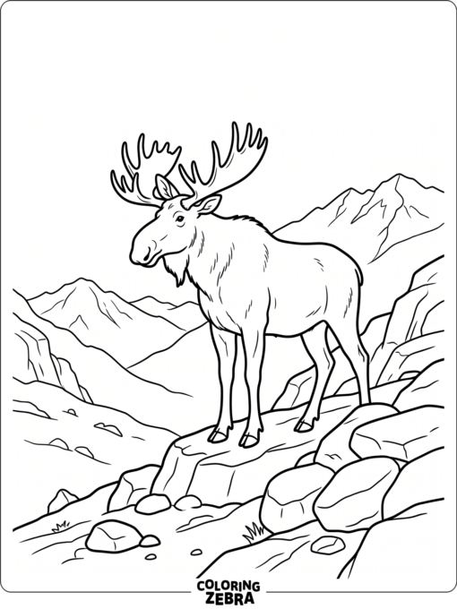 A moose on a mountain slope with peaks in back