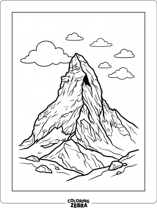 A single sharp mountain peak with clouds