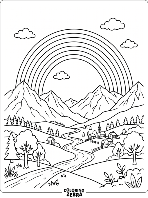A rainbow arching over mountains and clouds
