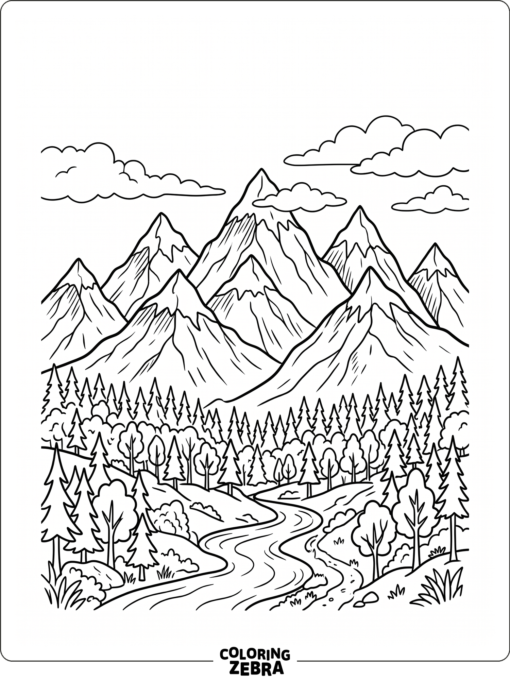 A mountain range with clouds above the forest
