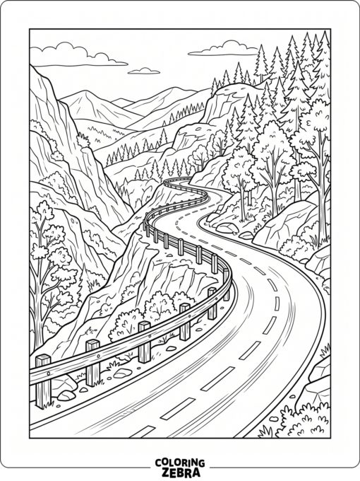 A winding mountain road with trees and steep slopes