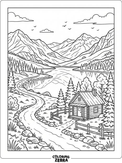 A mountain valley with a lake and cabin