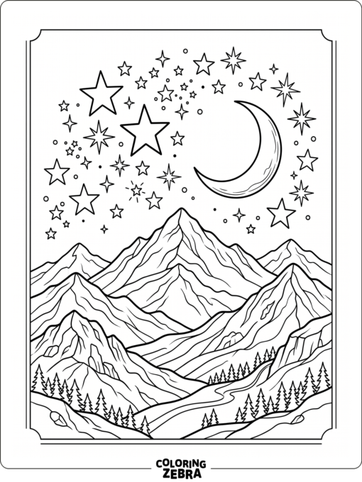 Bright stars shining above mountain peaks