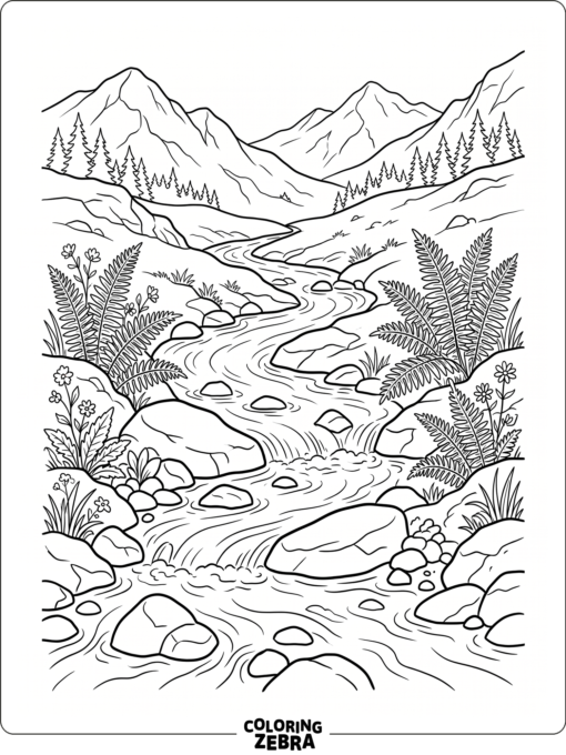 A mountain stream flowing past stones and ferns
