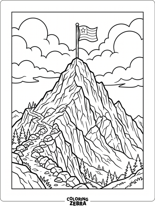 A mountain summit with a flag and clouds