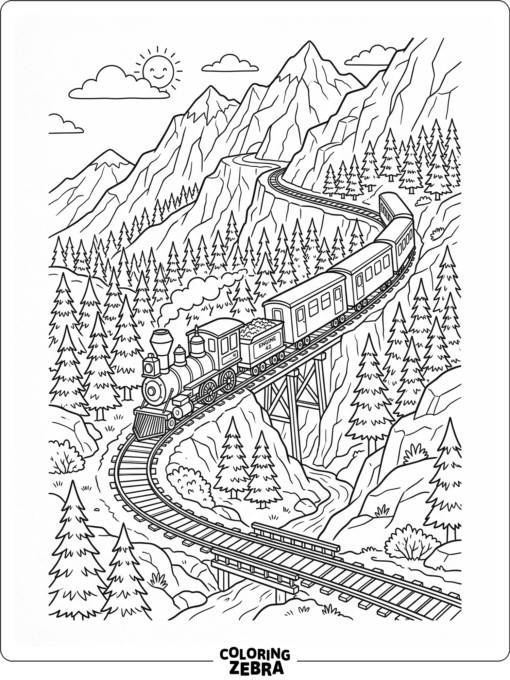 A train winding through mountains and trees