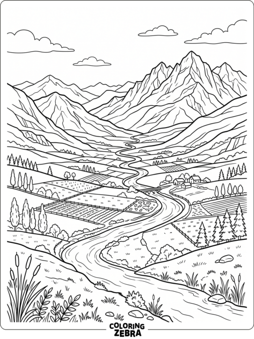 A wide mountain valley with river and fields