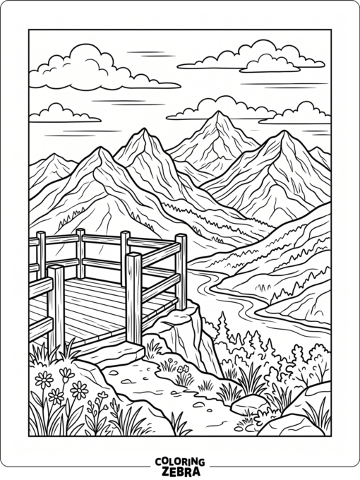 A mountain view with clouds and a lookout railing
