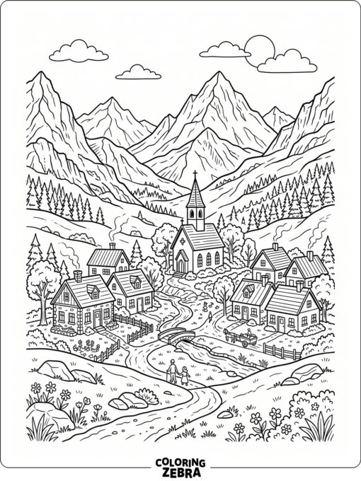 A small mountain village with houses and peaks