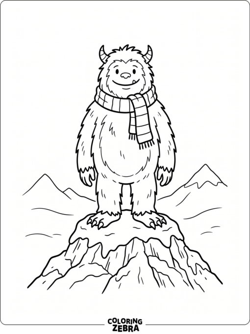 A yeti stands on a snowy peak with a scarf and bold outlines.