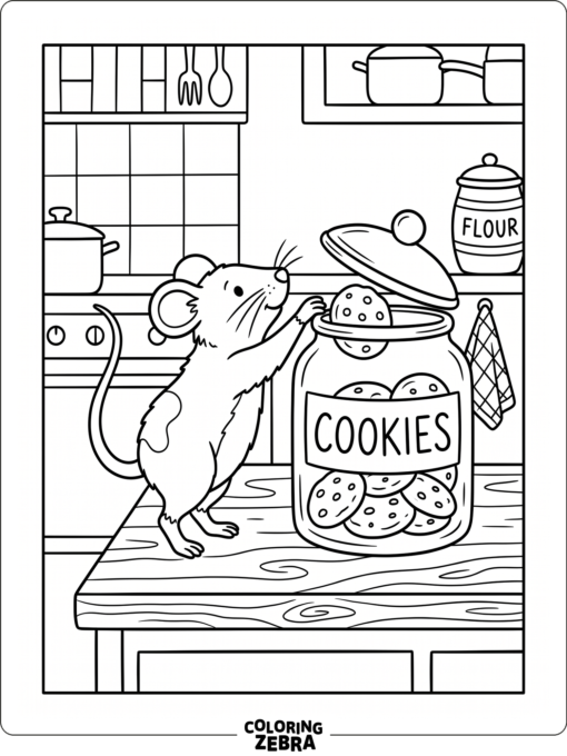 A mouse reaching for a cookie on a counter