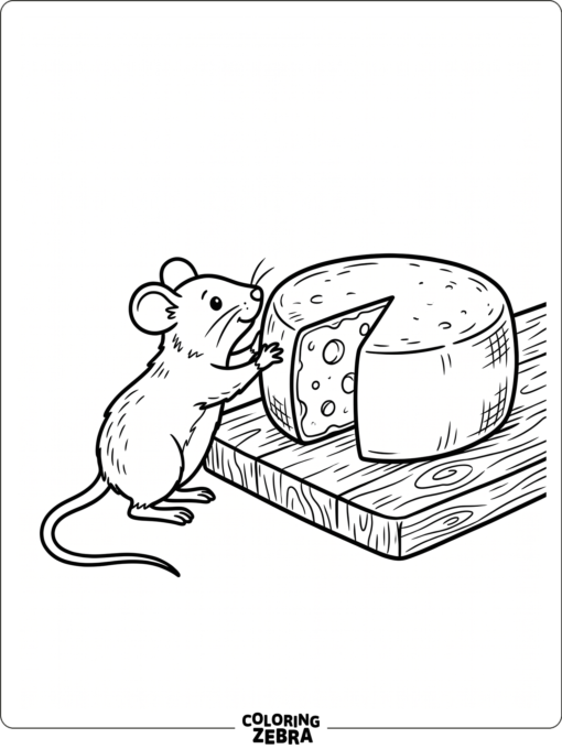A mouse reaching toward a cheese wheel