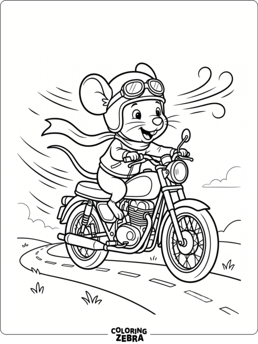A mouse riding a motorcycle on a simple road