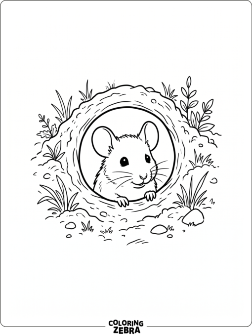 A mouse peeking from a round burrow opening