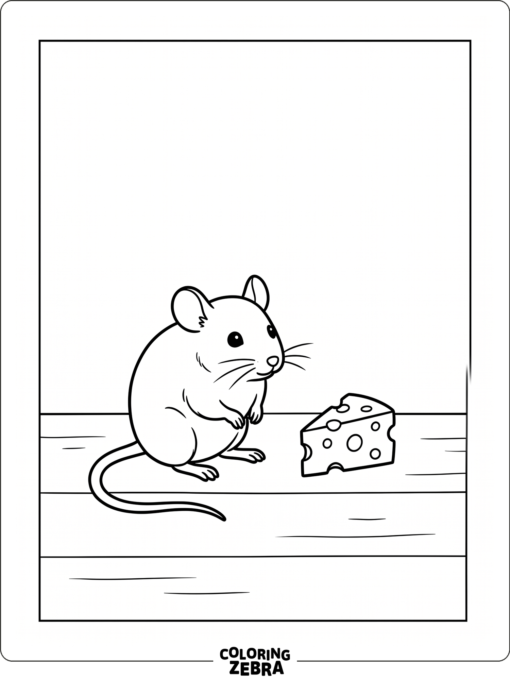 A little mouse sits near a cheese wedge