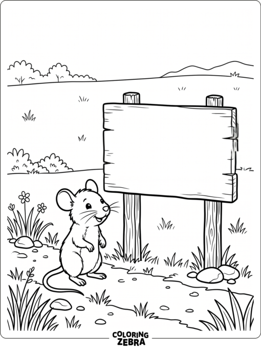 A mouse beside a blank sign in the grass