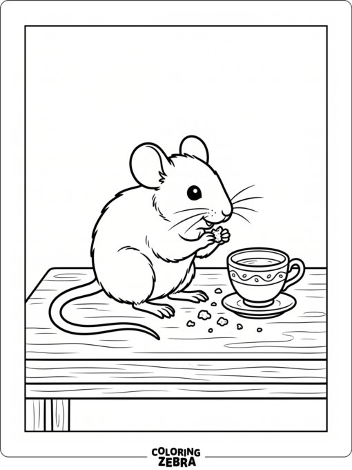 A mouse nibbling crumbs beside a teacup