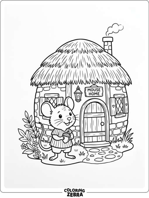 A mouse standing by a tiny round house