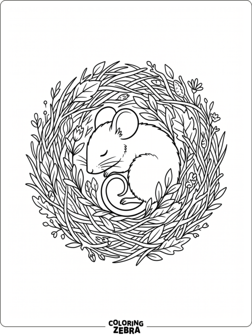 A mouse curled in a nest of grass and leaves