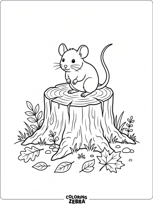A mouse perched on a tree stump with leaves nearby