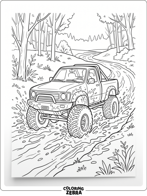 A mud truck splashing through a muddy trail
