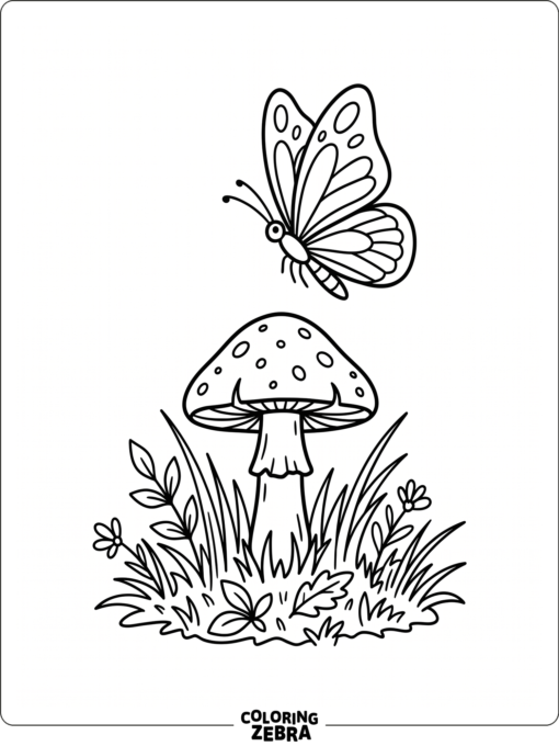 A butterfly flying above a mushroom in grass
