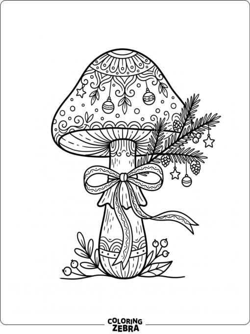 A mushroom with ornaments and a pine branch