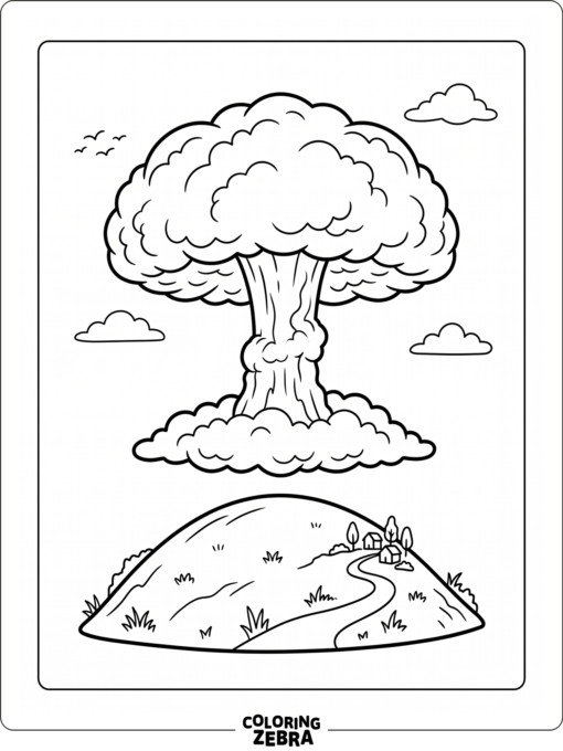 A mushroom-shaped cloud floating over a hill