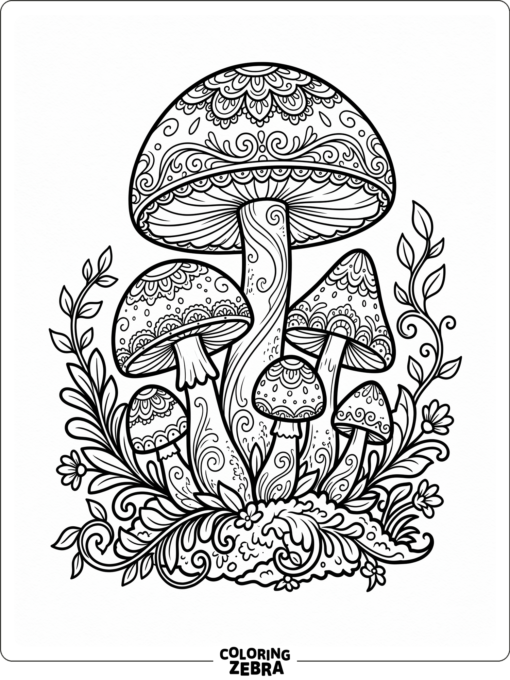 Decorative mushrooms with leafy accents and elegant line patterns