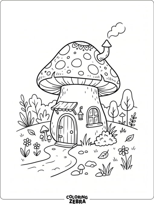 A tiny mushroom house with a door and windows