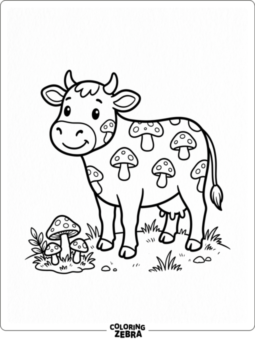 A cow with mushroom spots standing near a small mushroom patch