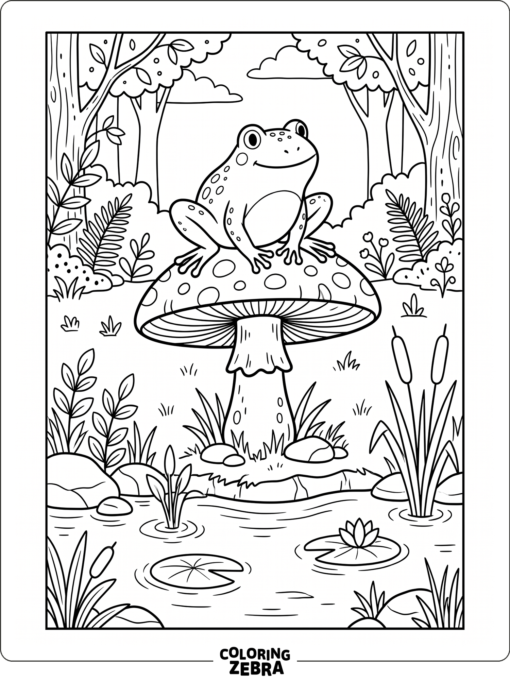 A frog sitting on a mushroom cap near a pond edge