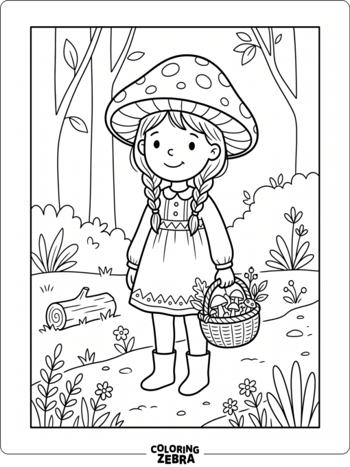A girl wearing a mushroom hat with a basket