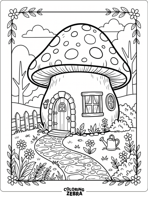 A mushroom house with windows, a door, and a curved path