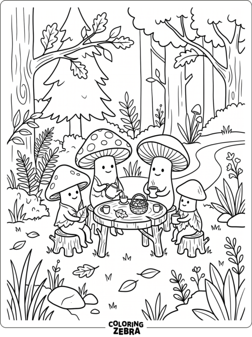 Mushroom people sitting around a tiny table