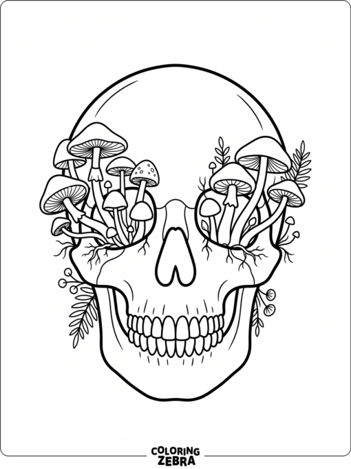 A skull with mushrooms growing around it