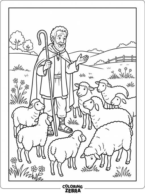 A shepherd speaks to sheep gathered in a meadow