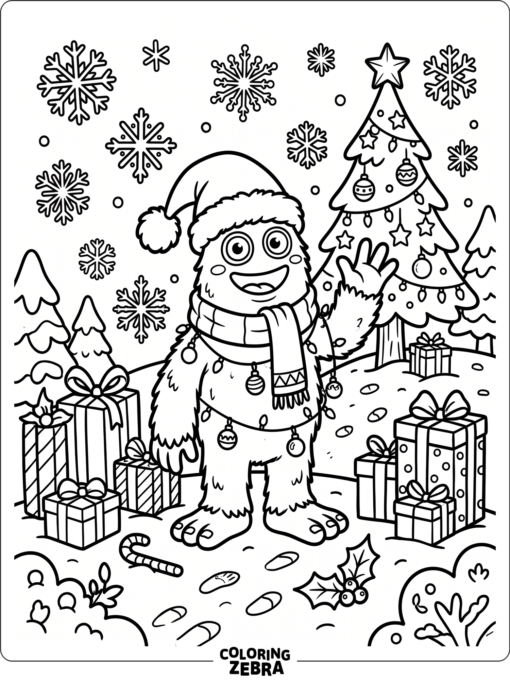 A festive monster with gifts, snowflakes, and decorations