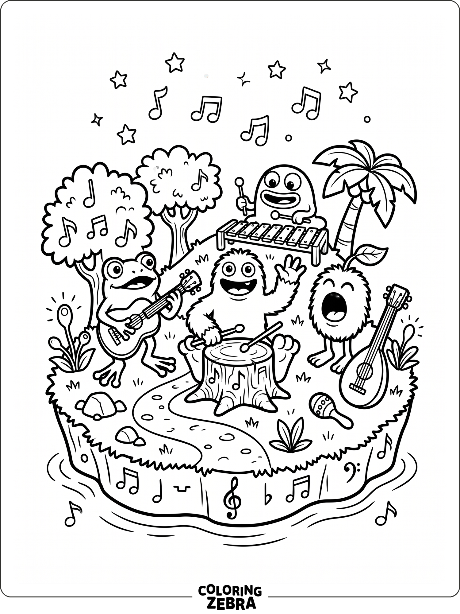 Several friendly monsters gather on a tiny island stage with drums, pipes, and open space for coloring