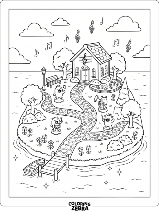 Island scene with notes and stone paths