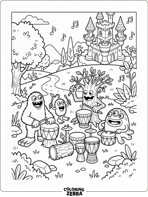A monster island with trees, drums, and a few creatures