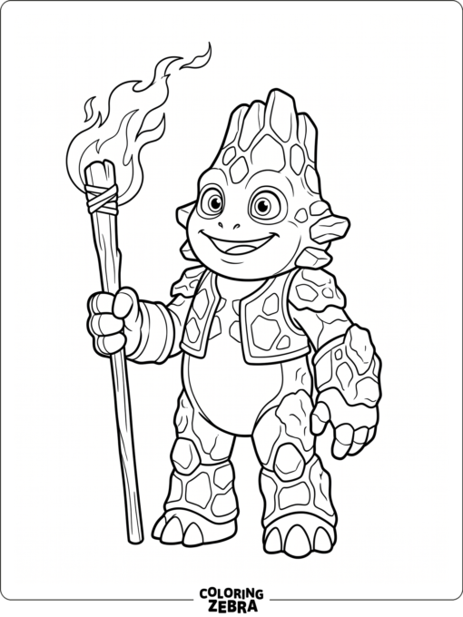 A Kayna holding a torch near lava rocks