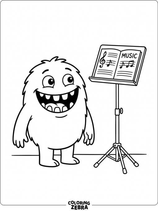 Wide-mouthed monster beside a music stand
