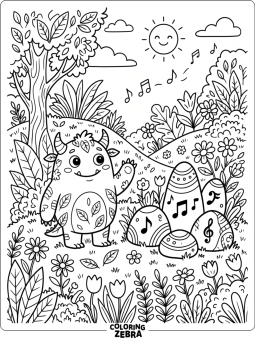 A smiling monster on Plant Island with flowers and rocks