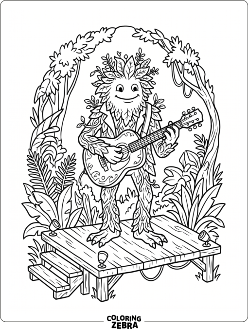 Leafy monster holding a guitar on stage