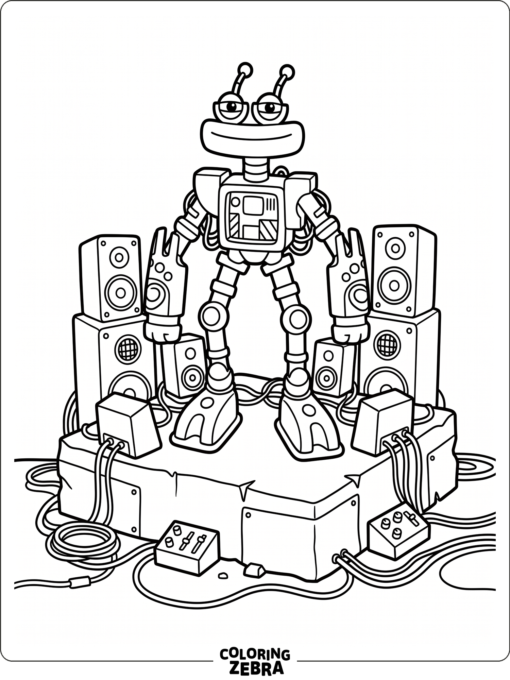 A big Wubbox with speakers and cables on a platform