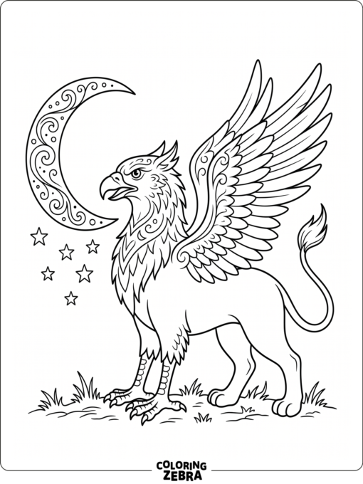A mythical griffin beside a crescent moon