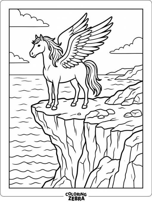 A mythical winged horse standing on a cliff